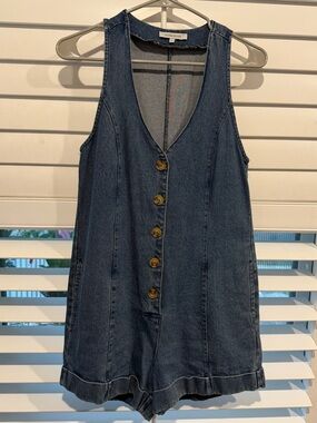 Olivaceous Denim Button Romper in Dark Blue